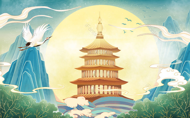 中国风国潮手绘建筑景点背景设计,插画/手绘图,插画/手绘图库,插画/手绘图下载,插画/手绘